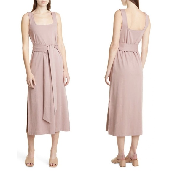 NWT Vince 100% Cotton Knit Belted Square Neck Midi Dress in Mauve Orchid Sz. XS - Picture 1 of 6